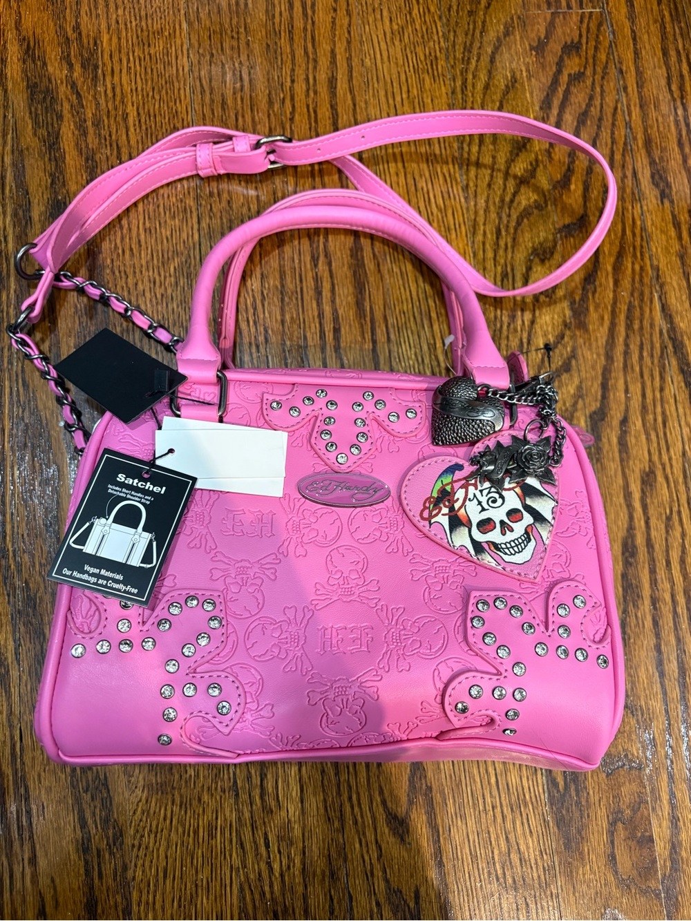 Ed Hardy Hot Pink Embossed Satchel with Skull Charm